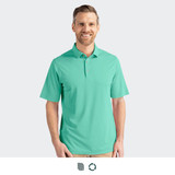 A mint green polo shirt with a collar and buttons, featuring a small logo on the chest.