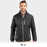A men's black quilted jacket with a zip-up front and a stand-up collar, featuring a logo.