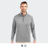 A grey half-zip men's top featuring long sleeves and a collar, with a logo on the chest area.