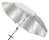 A silver beach umbrella with a sturdy frame and a fabric canopy, showcasing an elegant and simple design. A silver beach umbrella with a sturdy frame and a fabric canopy, showcasing an elegant and simple design.