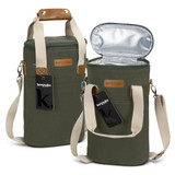 A wine cooler bag in green with a shoulder strap and a leather handle, featuring a removable lid and logo. A wine cooler bag in green with a shoulder strap and a leather handle, featuring a removable lid and logo.