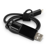 A braided black charging cable with a USB connector and a compatible end, neatly bundled with a black strap. A braided black charging cable with a USB connector and a compatible end, neatly bundled with a black strap.
