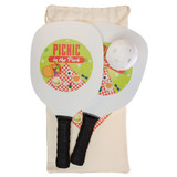 A pickleball set featuring two paddles with a picnic theme, a white ball, and a beige storage bag. A pickleball set featuring two paddles with a picnic theme, a white ball, and a beige storage bag.