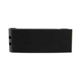 A black phone stand with a sleek design featuring two slots for grip support. It has a minimalistic appearance and a logo. A black phone stand with a sleek design featuring two slots for grip support. It has a minimalistic appearance and a logo.