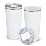 A drink bottle featuring a sleek white design with a stainless steel band and a clear lid.