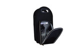 A black wine cooler bag with a zippered opening and a handle, featuring an interior compartment for bottles. A black wine cooler bag with a zippered opening and a handle, featuring an interior compartment for bottles.