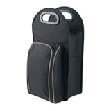 A wine cooler bag in black with two compartments and a zipped front pocket, featuring handles for easy carrying. A wine cooler bag in black with two compartments and a zipped front pocket, featuring handles for easy carrying.