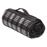 A rolled-up picnic blanket in a black and grey plaid design, featuring a sturdy carry handle. A rolled-up picnic blanket in a black and grey plaid design, featuring a sturdy carry handle.