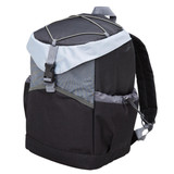 A dark grey and light blue backpack cooler with adjustable straps and a logo on the side. A dark grey and light blue backpack cooler with adjustable straps and a logo on the side.