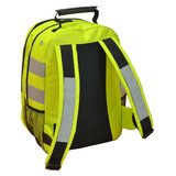 A bright yellow backpack with reflective stripes and a mesh side pocket, featuring a black back panel and shoulder straps. A bright yellow backpack with reflective stripes and a mesh side pocket, featuring a black back panel and shoulder straps.