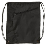 A black drawstring backpack features a zippered pocket and two drawstrings on the sides. It has a simple, sleek design.