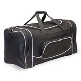 A black duffle bag with white accents, featuring a front pocket and dual carry handles. It has a logo on the side. A black duffle bag with white accents, featuring a front pocket and dual carry handles. It has a logo on the side.