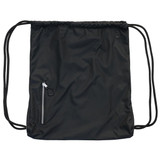 A black drawstring backpack with a zippered pocket and a logo.