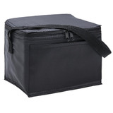 A black cooler bag with a zip closure and a carrying strap. It has a side pocket and a simple design. A black cooler bag with a zip closure and a carrying strap. It has a side pocket and a simple design.
