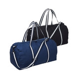 A navy and a black duffle bag with contrasting white stripes and handles, each featuring a logo. A navy and a black duffle bag with contrasting white stripes and handles, each featuring a logo.