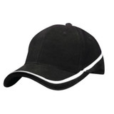 A black cap with a white stripe and a logo on the front. Designed for casual wear.