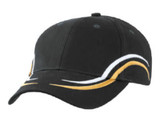 A black cap featuring white and gold detailing and a logo on the front.