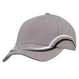 A grey, white, and black cap with a curved design and a branding logo on the front.