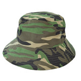 A camouflage bucket hat in shades of green and brown, featuring a logo on the side. A camouflage bucket hat in shades of green and brown, featuring a logo on the side.