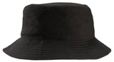 A black mesh bucket hat with a wide brim and a textured surface, featuring a logo.