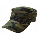A military cap in camouflage pattern featuring shades of green, brown, and black. It includes a logo. A military cap in camouflage pattern featuring shades of green, brown, and black. It includes a logo.