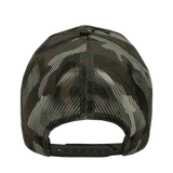 A camouflage trucker cap featuring a mesh back and an adjustable strap. The cap has various shades of green and brown. A camouflage trucker cap featuring a mesh back and an adjustable strap. The cap has various shades of green and brown.