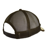 A dark green trucker cap with a mesh back and an adjustable strap, featuring a logo on the front.