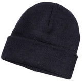 A dark blue wool blend beanie displayed flat, featuring a rolled cuff and a simple design. A dark blue wool blend beanie displayed flat, featuring a rolled cuff and a simple design.