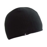 A black thermal beanie featuring a branding logo. It's smooth and snug-fitting for warmth.