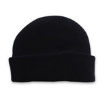 A black polar fleece beanie with a folded cuff, featuring a logo on one side. A black polar fleece beanie with a folded cuff, featuring a logo on one side.