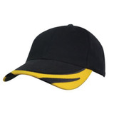 A black cap with a yellow peak and design features, including a logo. Suitable for casual wear.