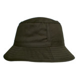 A brown oilskin bucket hat with a broad brim and textured fabric, featuring a simple logo. A brown oilskin bucket hat with a broad brim and textured fabric, featuring a simple logo.