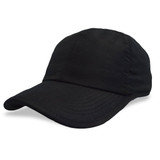 A black cap with a curved brim and a simple design, featuring a logo on the front.