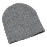 A grey cable knit beanie is displayed, featuring a simple ribbed texture and a folded cuff. It has a logo.