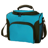 A teal and black cooler bag with a zippered top, a side mesh pocket, and a sturdy handle. A teal and black cooler bag with a zippered top, a side mesh pocket, and a sturdy handle.