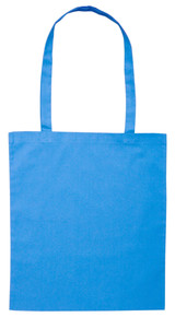 A blue tote bag with long handles, featuring a simple design and a branding logo. A blue tote bag with long handles, featuring a simple design and a branding logo.