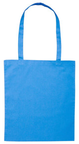 A blue tote bag with long handles, featuring a plain design and a logo on one side. A blue tote bag with long handles, featuring a plain design and a logo on one side.
