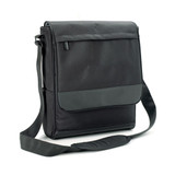 A drink bottle cooler in black fabric, featuring a shoulder strap and front pocket. It has a logo on the side. A drink bottle cooler in black fabric, featuring a shoulder strap and front pocket. It has a logo on the side.