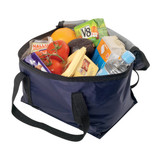 A navy cooler bag filled with various groceries, including tomatoes, an orange, avocado, eggs, and a drink bottle. A navy cooler bag filled with various groceries, including tomatoes, an orange, avocado, eggs, and a drink bottle.