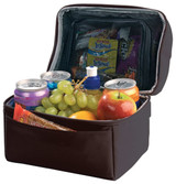 A brown lunch bag filled with cans, fruit, a drink bottle, and snacks, featuring a mesh pocket inside. A brown lunch bag filled with cans, fruit, a drink bottle, and snacks, featuring a mesh pocket inside.