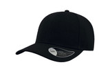 A black cap with a mid visor and a branded tag, ideal for promotional use. A black cap with a mid visor and a branded tag, ideal for promotional use.