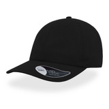 A black dad hat cap with a mid visor and a brand logo on the side.