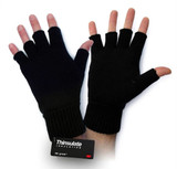 Fingerless gloves in black, featuring ribbed cuffs and a tag indicating Thinsulate insulation.