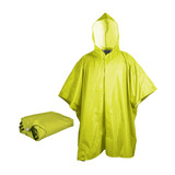 A bright green poncho with a hood, displayed alongside a folded version of itself. It features a logo. A bright green poncho with a hood, displayed alongside a folded version of itself. It features a logo.
