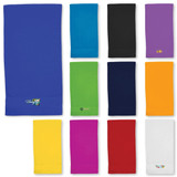 A collection of Terry Velour Towels in various colours including blue, black, purple, green, orange, yellow, and red, featuring different logos. A collection of Terry Velour Towels in various colours including blue, black, purple, green, orange, yellow, and red, featuring different logos.