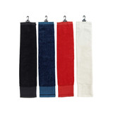A set of four golf towels in black, navy, red, and white, each with a clip for attachment. A set of four golf towels in black, navy, red, and white, each with a clip for attachment.