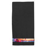 A black cooling towel featuring a colourful design along the bottom edge and a logo.