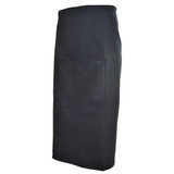 A black waiter's apron featuring a front pocket and a simple design. It includes a logo on the fabric. A black waiter's apron featuring a front pocket and a simple design. It includes a logo on the fabric.