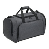 A grey duffle bag with black accents, featuring multiple compartments and a sturdy handle, along with a logo. A grey duffle bag with black accents, featuring multiple compartments and a sturdy handle, along with a logo.