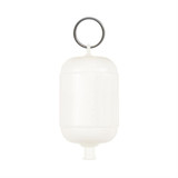A white floating key ring featuring a cylindrical design and a metal attachment ring. A white floating key ring featuring a cylindrical design and a metal attachment ring.